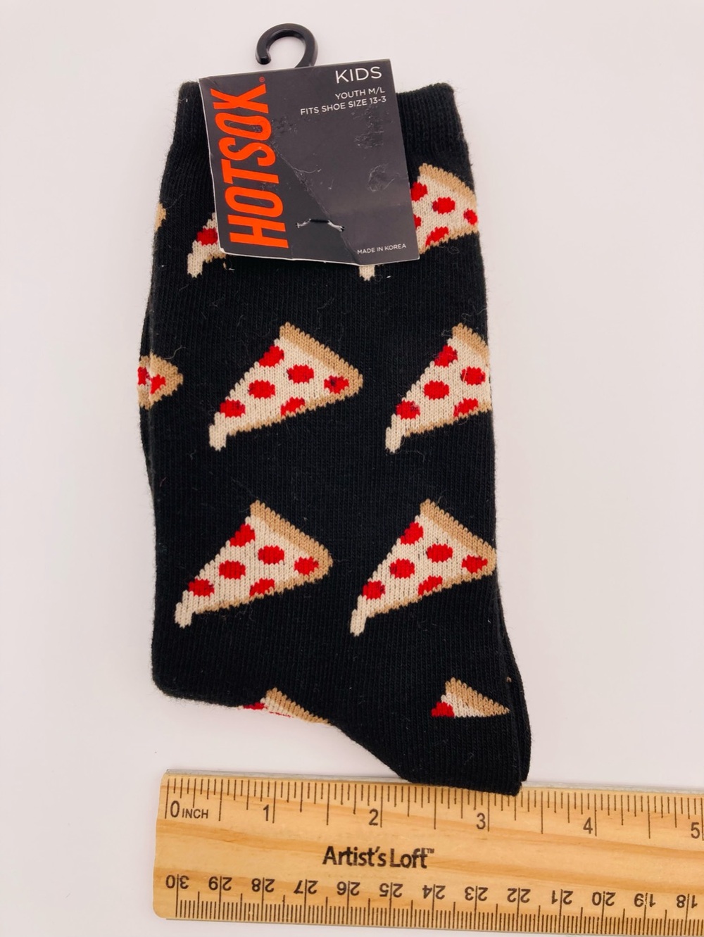 NWT HotSox Kids Black Pizza Crew Socks size Youth M/L 13-3 MADE IN KOREA